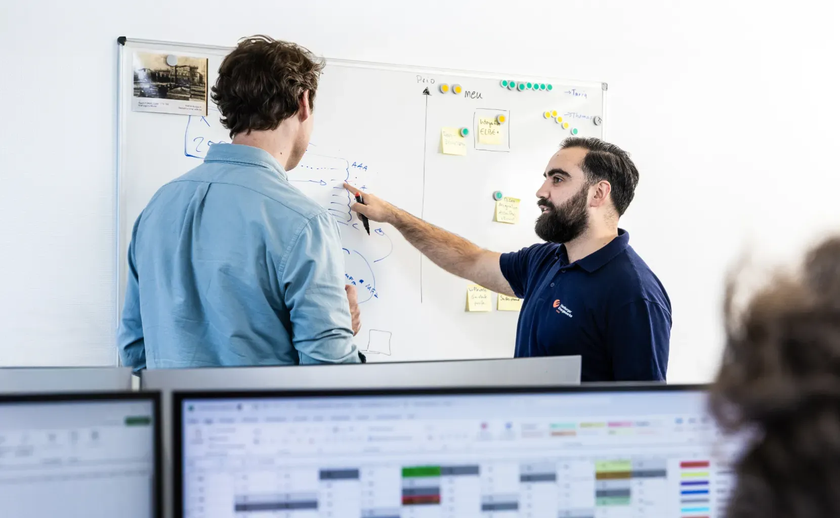 Zwei Mitarbeitende stehen vor einem Whiteboard mit Skizzen und Notizen und diskutieren technische Abläufe, im Vordergrund sind Computerbildschirme mit Tabellen und Diagrammen zu sehen.